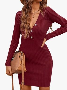 V-Neck Ribbed Long Sleeve Bodycon Dress - Burgundy